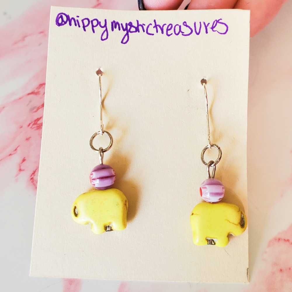 Yellow Beaded Elephant Drop Earrings